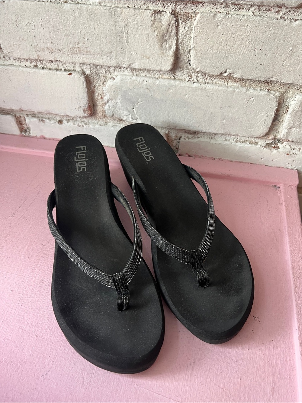 Flojos metallic fabric Black Women's Thong Sandals platform flip flops